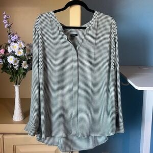 Talbots Geometric Button Up Top 2X Green White Work Preppy Academia Holiday Luxe